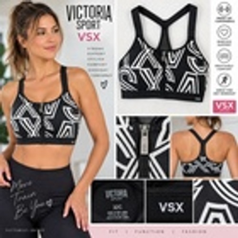 Victoria Sport VSX 32C Front Zip Sports Bra Black White Geometric Wireless